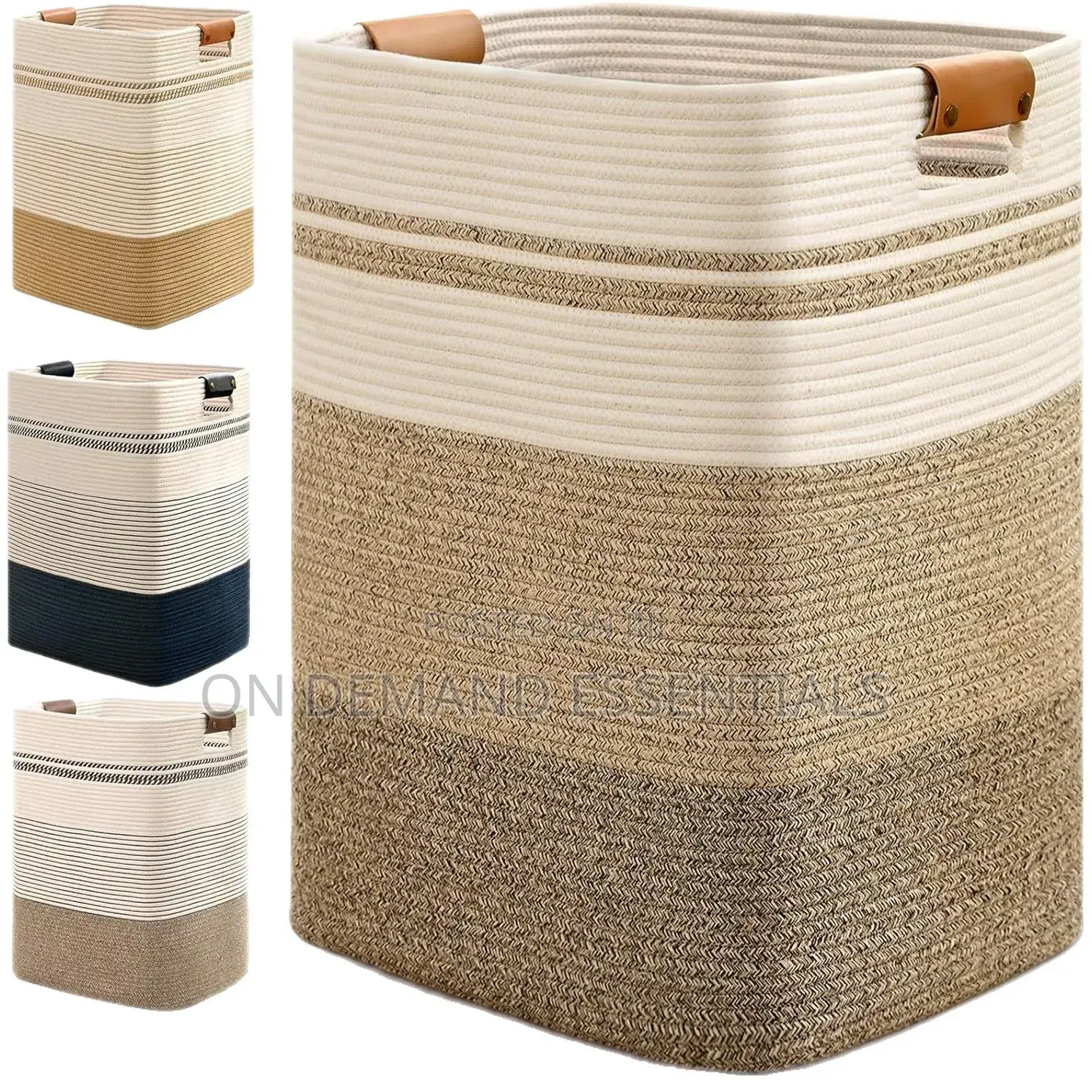 Cotton Rope Woven Laundry Hamper With Leather Handles