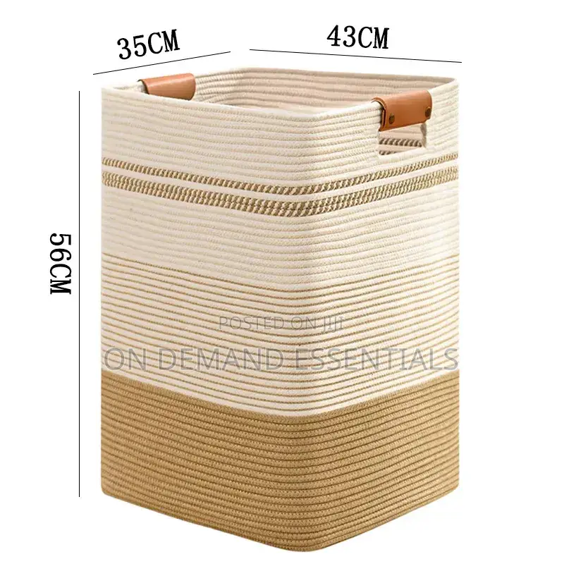 Cotton Rope Woven Laundry Hamper With Leather Handles