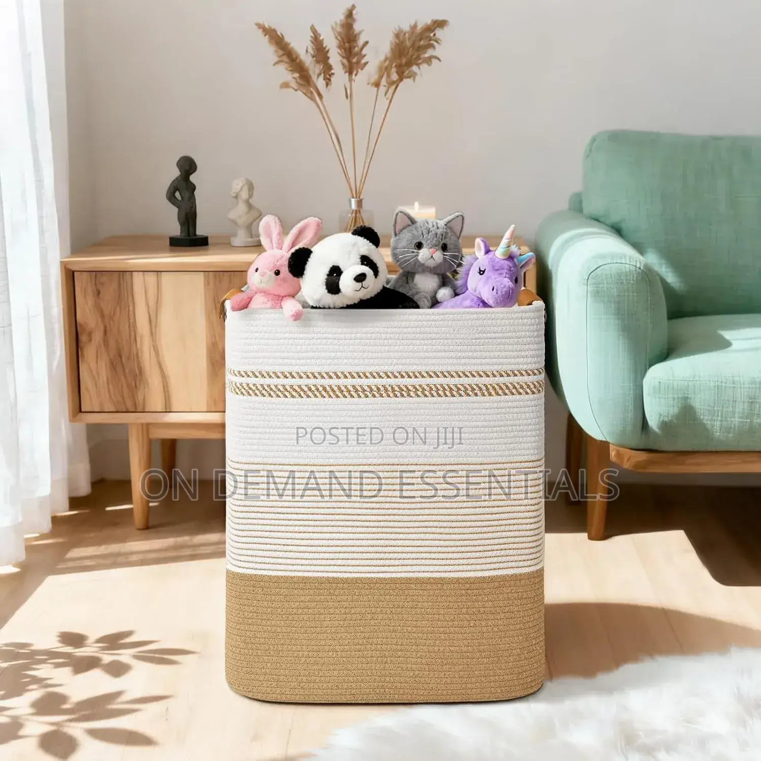 Cotton Rope Woven Laundry Hamper With Leather Handles