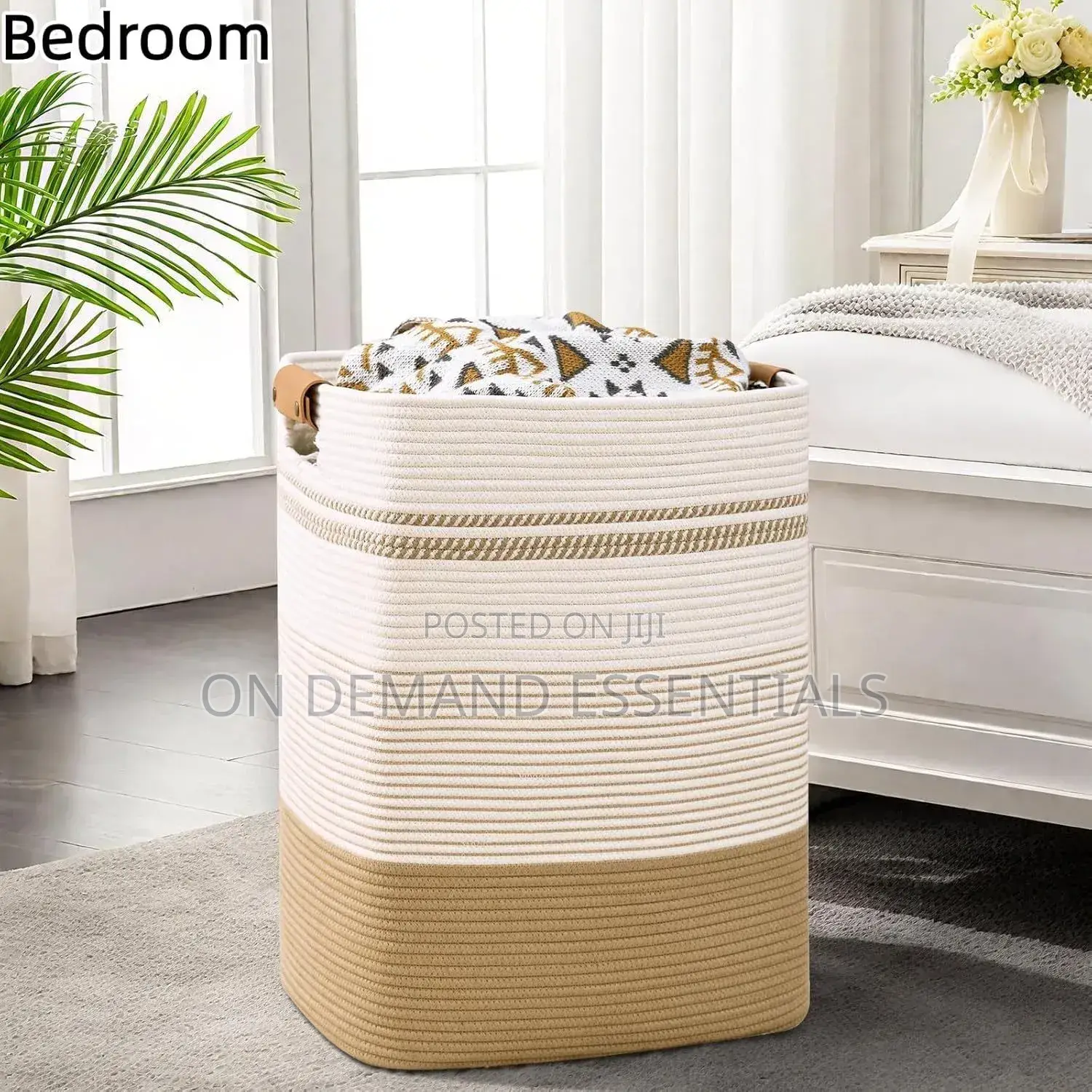 Cotton Rope Woven Laundry Hamper With Leather Handles