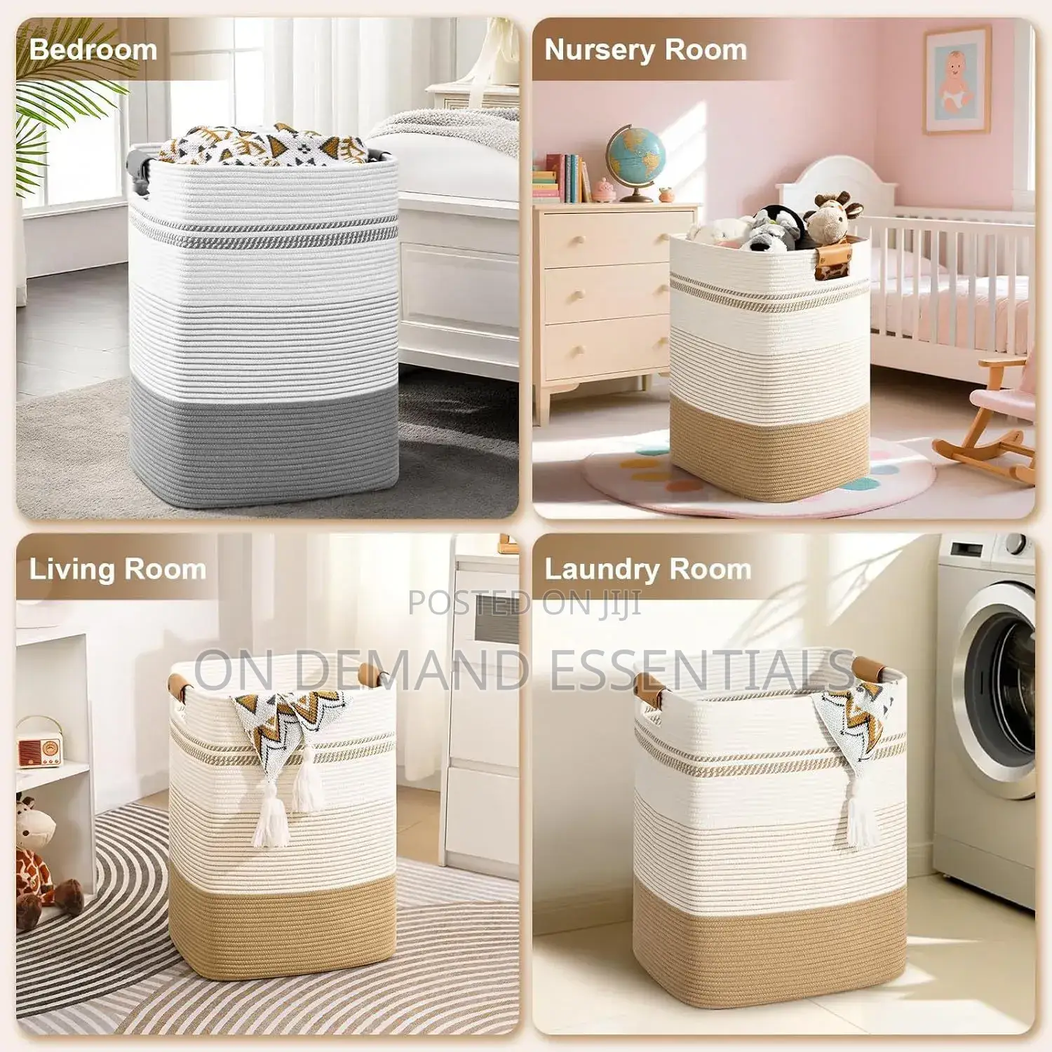 Cotton Rope Woven Laundry Hamper With Leather Handles