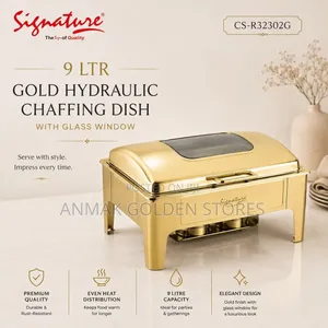 9Ltr Gold Hydraulic Chaffing Dish With Glass Window Double Compartment