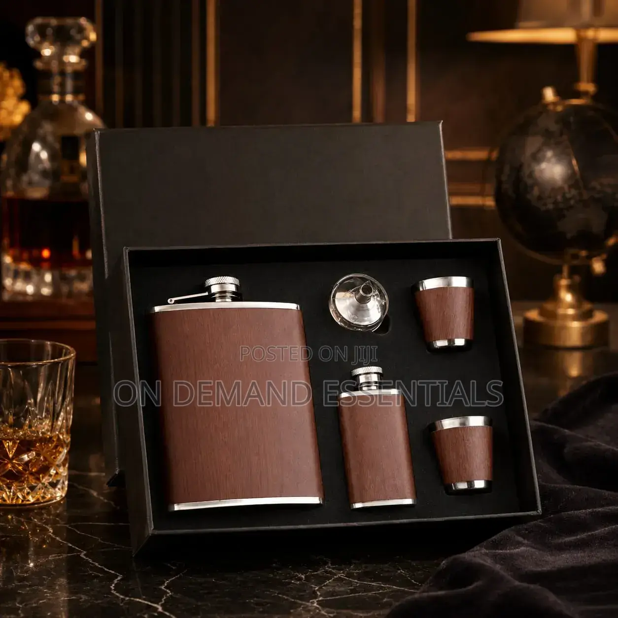 Brown Leather-Covered Whiskey Flasks Gift Set