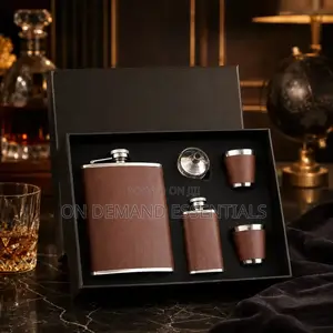 Brown Leather-Covered Whiskey Flasks Gift Set
