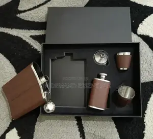 Brown Leather-Covered Whiskey Flasks Gift Set