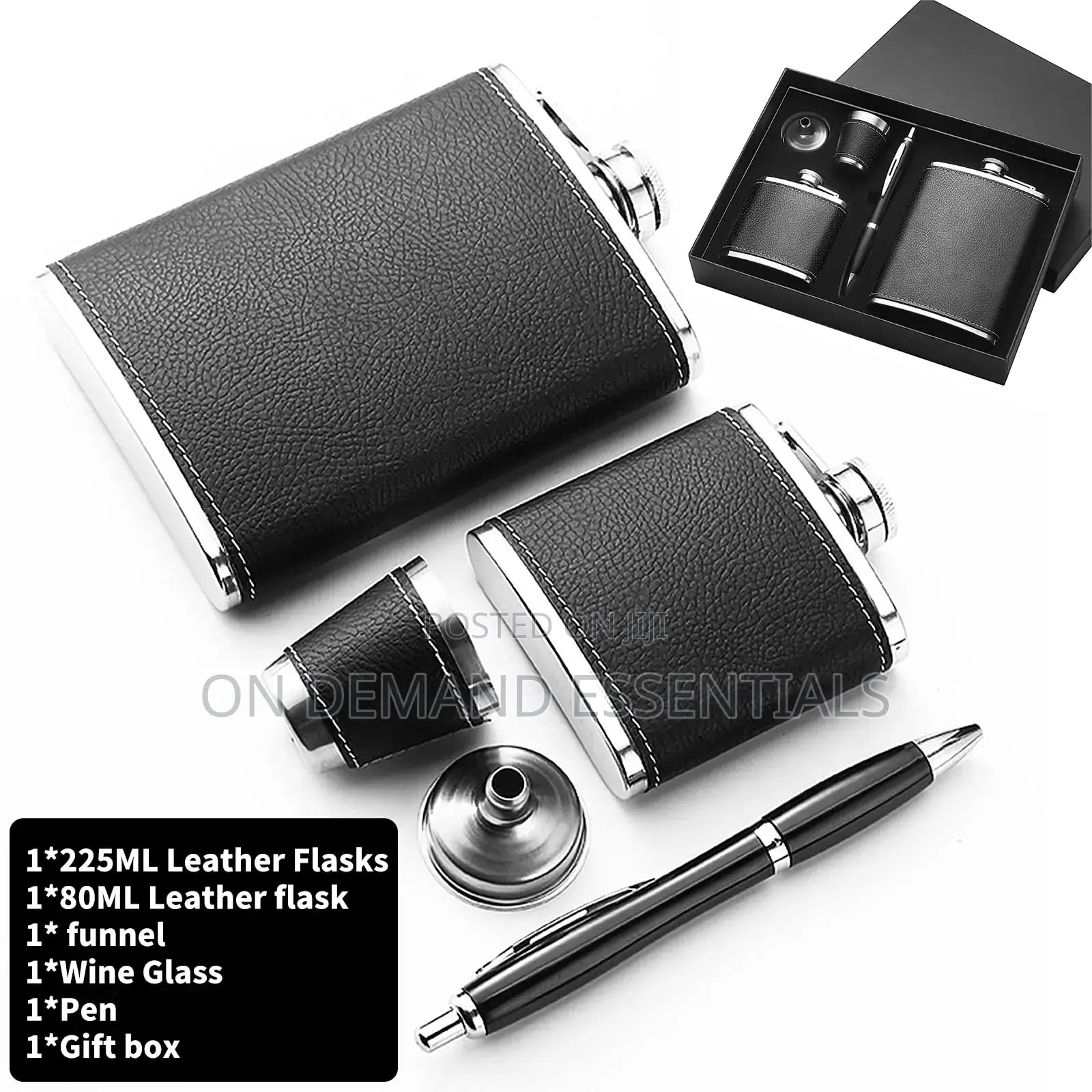 Black Leather-Covered Whiskey Flasks Gift Set