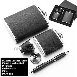 Black Leather-Covered Whiskey Flasks Gift Set