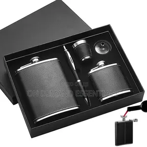 Black Leather-Covered Whiskey Flasks Gift Set