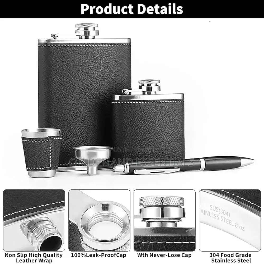 Black Leather-Covered Whiskey Flasks Gift Set