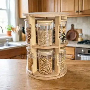 Rotating Bamboo Storage Rack Glass Storage Container Set