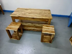 Solid Teak Wood Coffee Table + 2 Side Stools