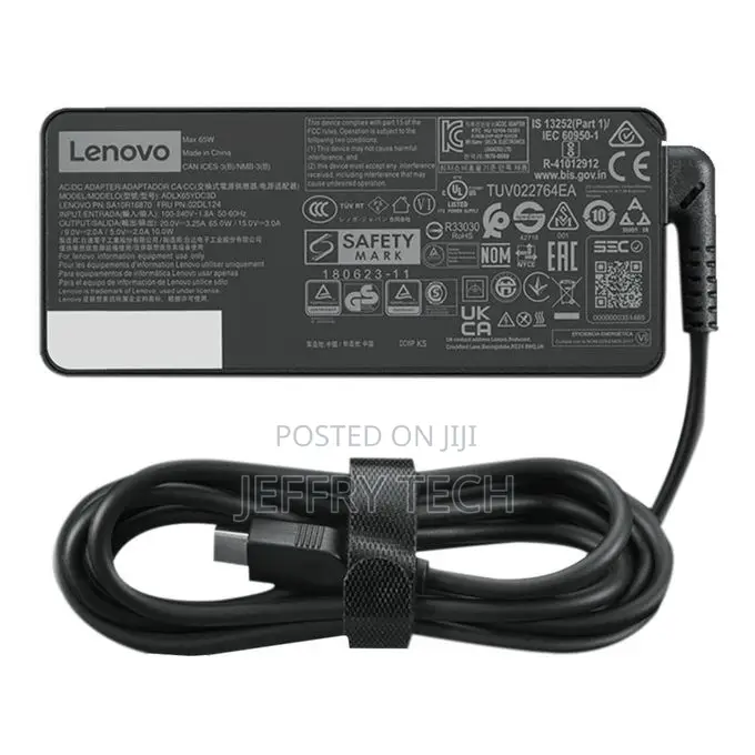 Lenovo 65W USB Type C Adapter Fast Charger - Black - Black