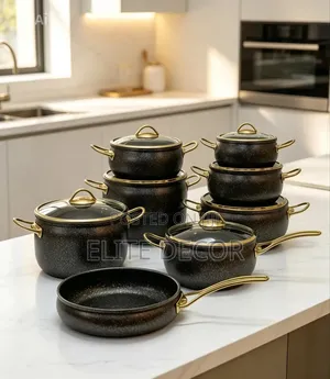 Phisma 9PCS Granite Coating Kitchen Cookware Set – Gold Rim Glass Lid