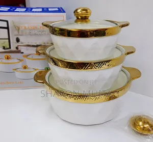 3pcs Set Gold Ceramic Casserole Serving Dishes With Glass Cover
