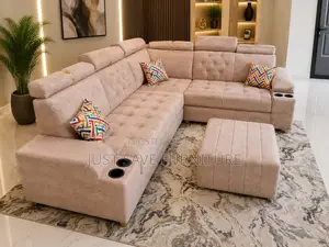 Luxury Beige L-Shaped Sectional 6 Seater Sofa With Black Cup Holder