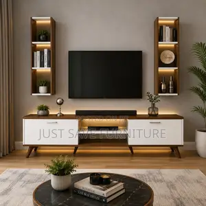Modern TV Stand Wall Shelves – Walnut White Entertainment Unit