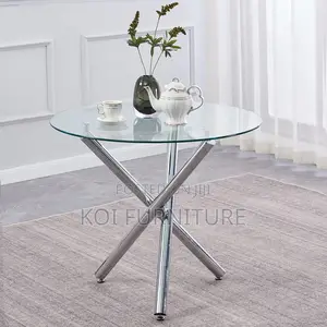 Dining Table; Round Glass Top Living Room Table With Metallic Legs