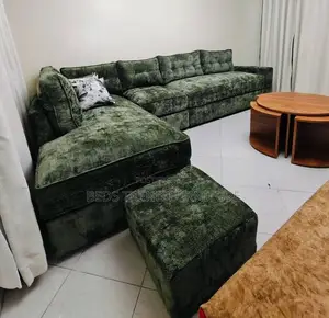6-Seater L Seat Dark Green Velvet Sofa With Footrest