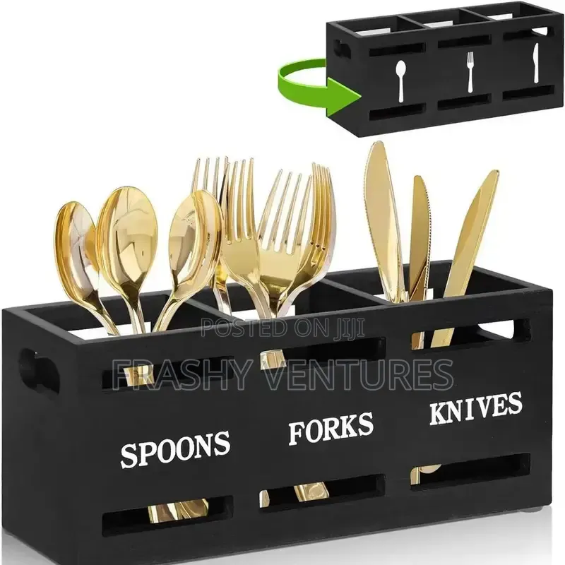 3 Compartment Cutlerly Wooden Organizer Black