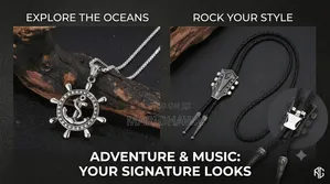 Men's Guitar Headstock Bolo Tie Ship Wheel Anchor Pendant Set