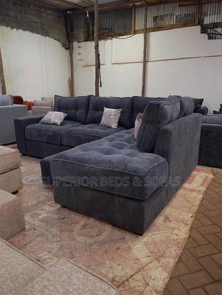 5 Seater Dark Grey Tufted L-Shaped Sofa: Pay on Delivery