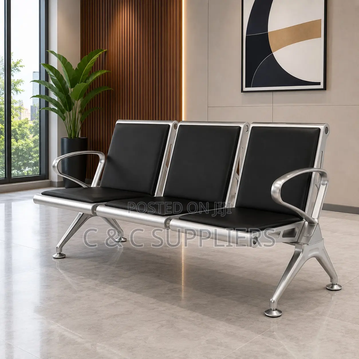3-Seater Black Padded Waiting Bench