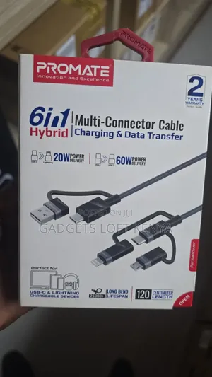 Promate PENTAPOWER 6-in-1 60W Hybrid Multi Connector Cable