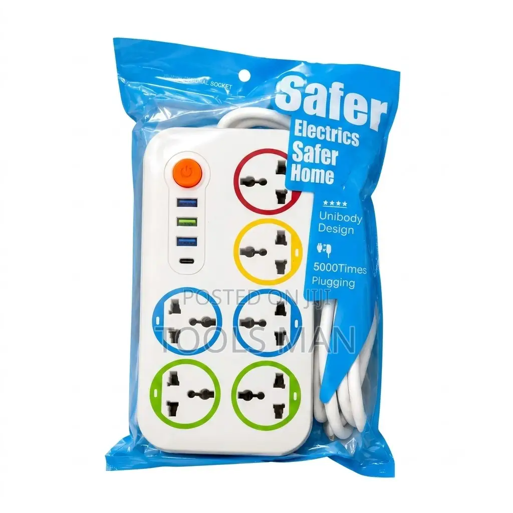 Safer Electrics 6 Way Universal Power Extension Socket USB Type C