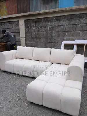 6 Seater L‐Shaped White Sofa Cushioned Back With Footrest