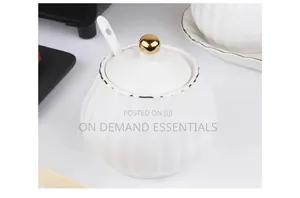 Gold Rimmed Ceramic Sugar Dish With Spoon
