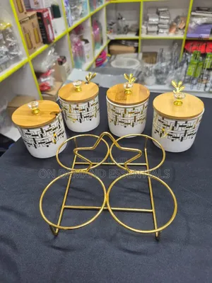 4 PCS Ceramic Canister Set With Gold Stand and Bamboo Lid