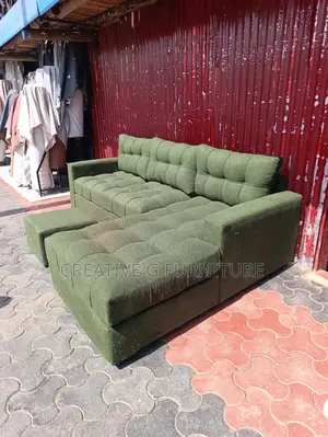 6‐Seater L‐Shaped Tufted Green Sofa