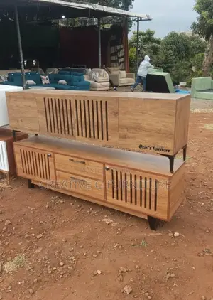 Modern Wooden TV Stand With Slatted Design