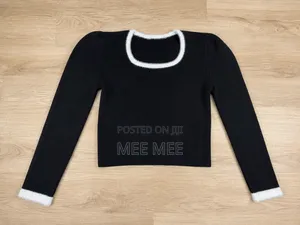 Black Ribbed Ladies Sweater Top With Fur Trim