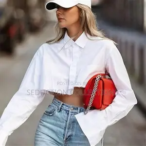 Women's Asymmetrical Hem Long Sleeve Button Up Shirt Crop Top Blouse