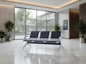 Office Benches; Three Seaters Leather Reception Bench With Metal Rest
