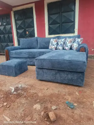 5 Seater Blue L-Shaped Sofa + Ottoman: Payment on Delivery