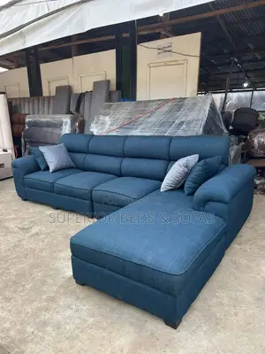 5 Seater Teal Blue L-Shaped Fabric Sofa: Payment on Delivery