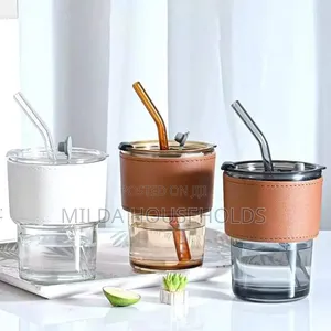 Gorgous Slub Glass Smoothie Cup With STRAW and Leather Cover