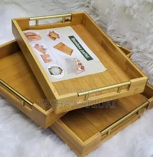 3 in 1 Bamboo Tray With Long Gold Handle