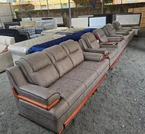 7-Seater Semi Recliner Grey-Brown Sofa With Wooden Trim