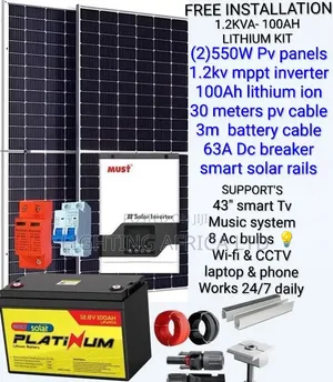1.2kva - 100Ah Lithium - (2)550w Solar Panels for Home Use (TV, WiFi)