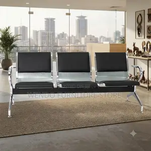 Office Bench; Three Seater Leather Metallic Bench With Leather Cushion