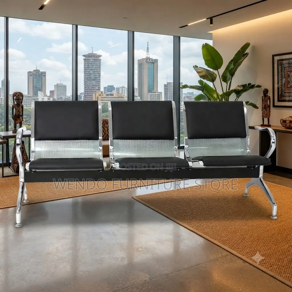 Office Bench; Three Seater Leather Metallic Bench With Leather Cushion