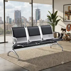 Office Bench; Three Seater Leather Metallic Bench With Leather Cushion