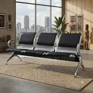 Office Bench; Three Seater Leather Metallic Bench With Leather Cushion