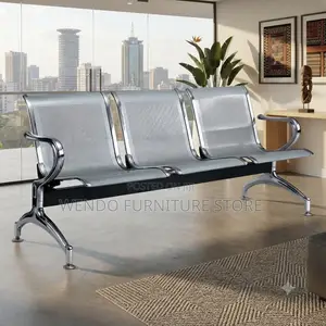Office Bench; Three Seater Leather Metallic Bench With Leather Cushion