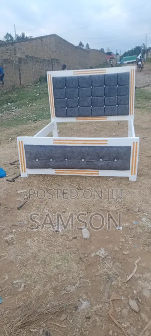 Modern Upholstered Wooden Bed Frame (White and Grey With Orange Accent