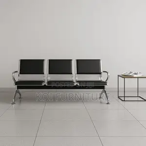 Office Bench; Three Seater Leather Cushioned Bench With Metal