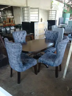4 Seater Oval Dining Set Dark Wood Gray Upholstery